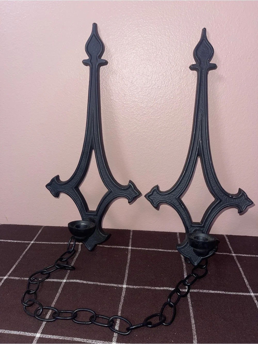 Vintage Gothic Spanish Revival Candle Sconce Pair With Chain